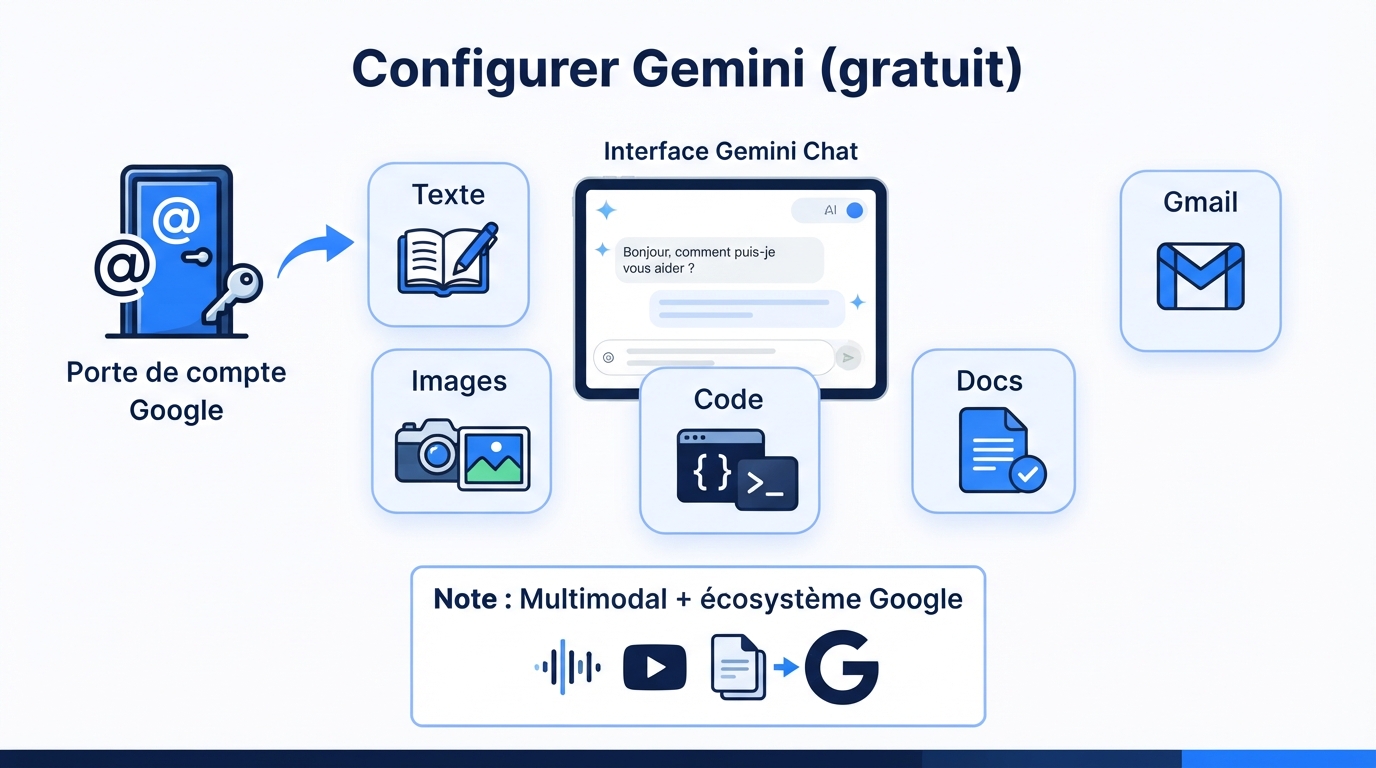 Gemini gratuit : compte Google, multimodal, Docs et Gmail