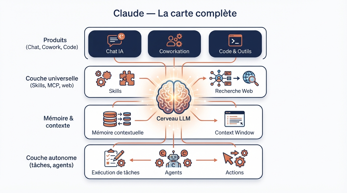 Carte de l'écosystème Claude : produits, outils, mémoire et couche autonome