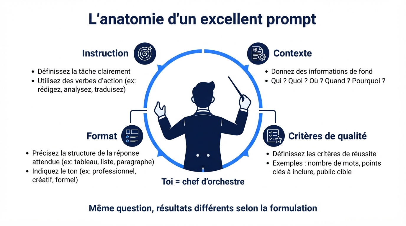 Anatomie d'un excellent prompt : instruction claire, structure, direction